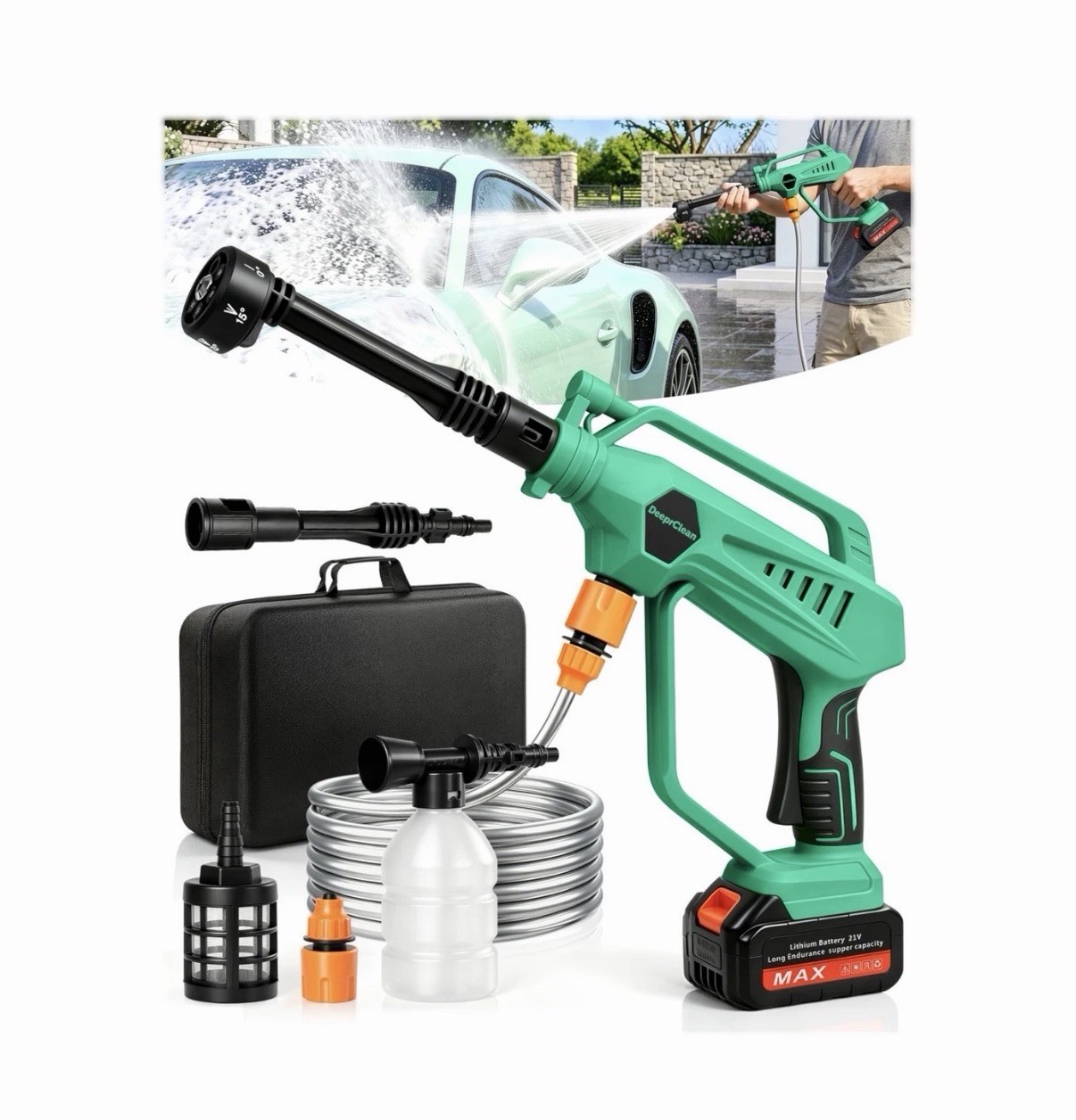 Cordless Car Washer & More Cleaning Gun w 6-n-1 Nozzle & Rechargeable Battery