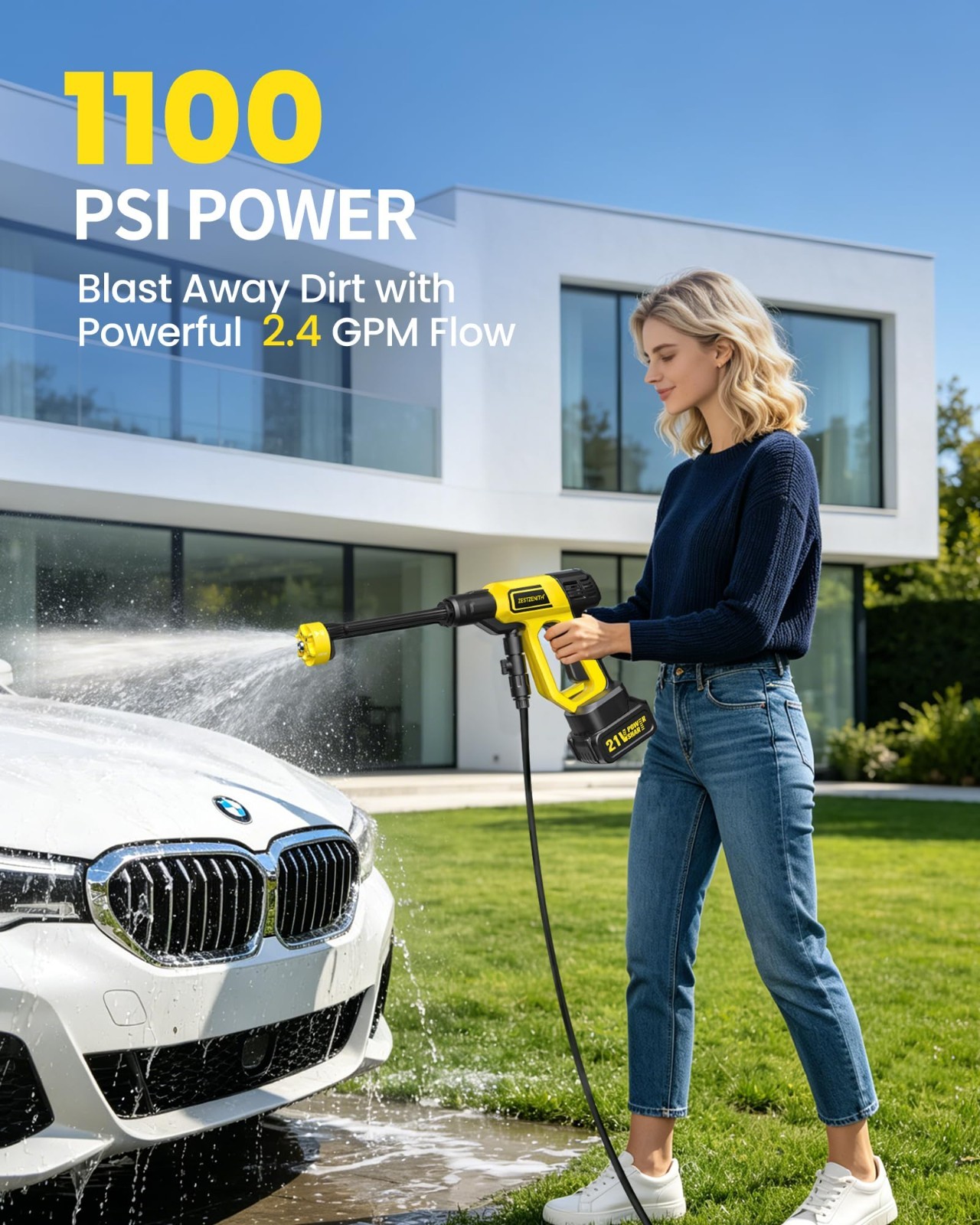 Portable Cordless Pressure Washer, 1100 PSI Handheld, 21V Battery, 6 Nozzles, Fo