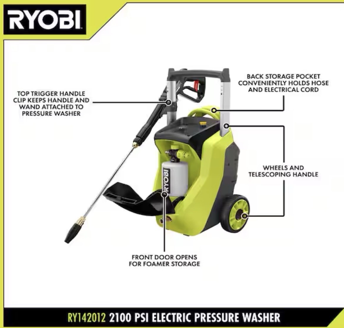 RYOBI 2100 PSI 1.2 GPM Cold Water Corded Electric Pressure Washer with Foamer