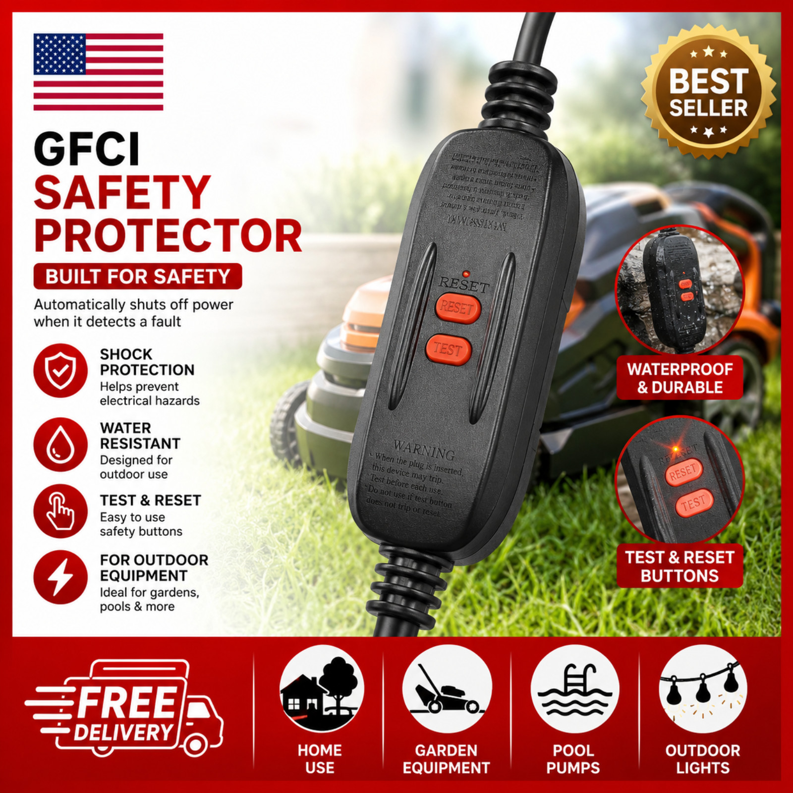 15A Inline GFCI Plug with Auto Reset for Pressure Washers, Hot Tubs & Outdoor To