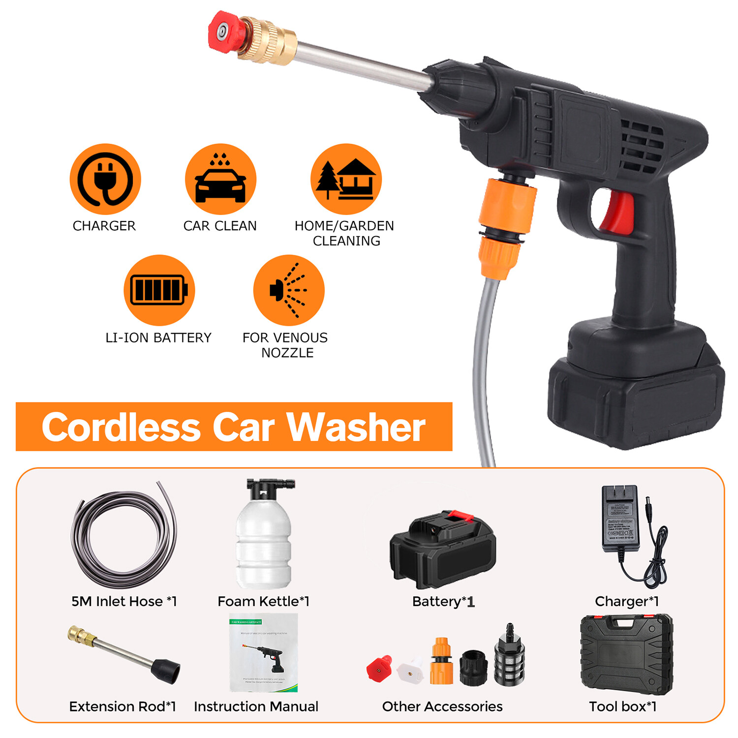 Cordless Electric High Pressure Water Spray Car Gun Portable Washer Cleaner Home