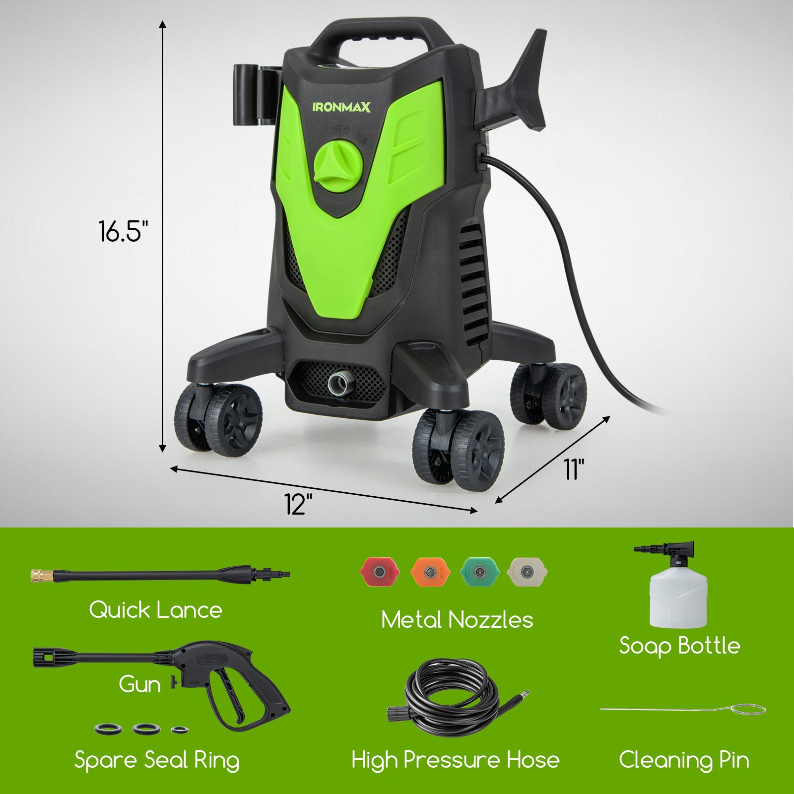 3 Self-Priming Ways Electric Pressure Washer w/ 4 Universal Wheels, 4 Nozzles