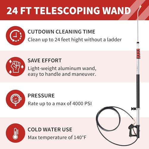 24 FT Telescoping Pressure Washer Wand – Turbo Nozzle Attachment Power 24FT-SE