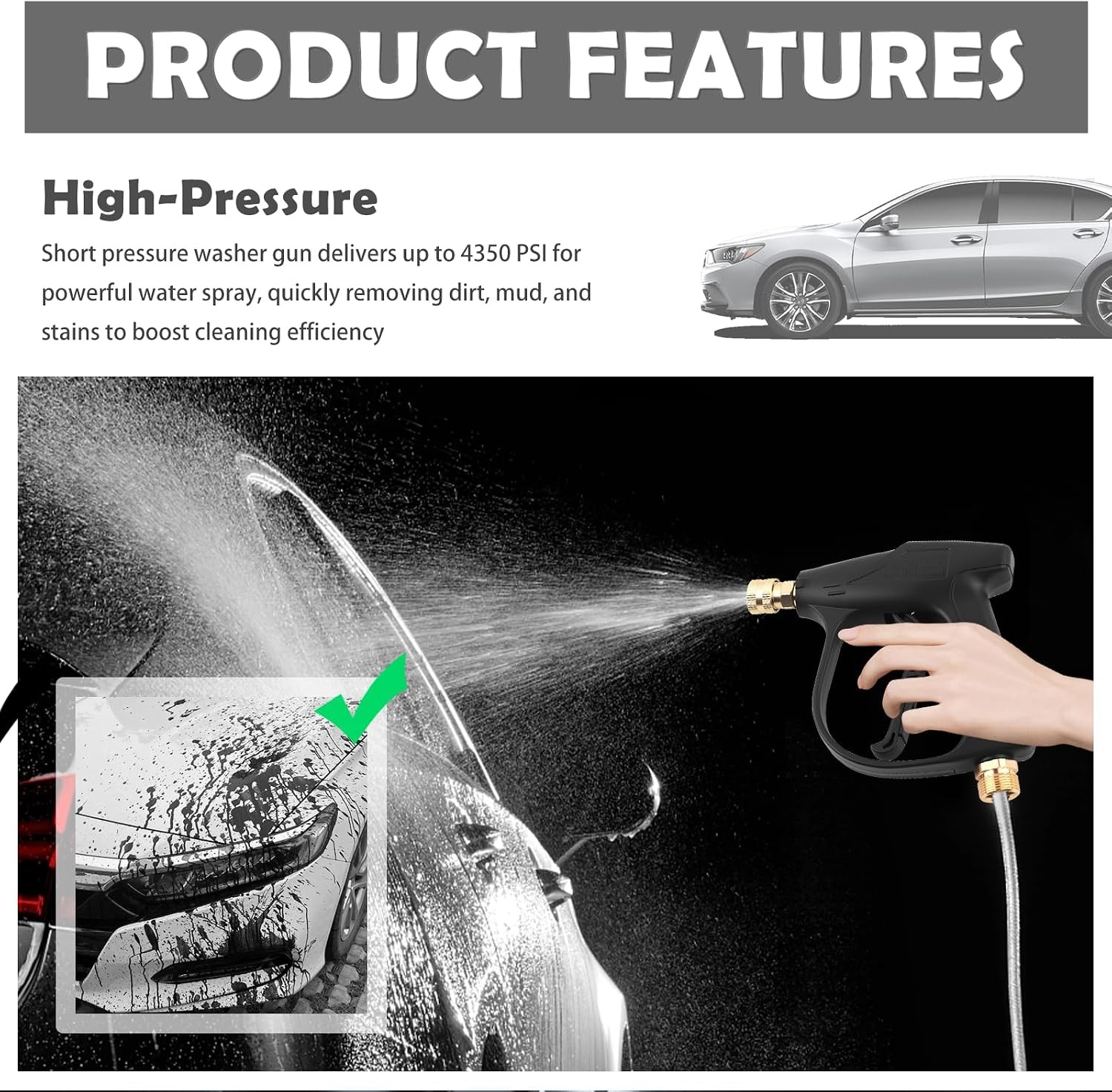 Car Short Pressure Washer Gun,4350 PSI Max High-Pressure Car Wash Gun | Portable