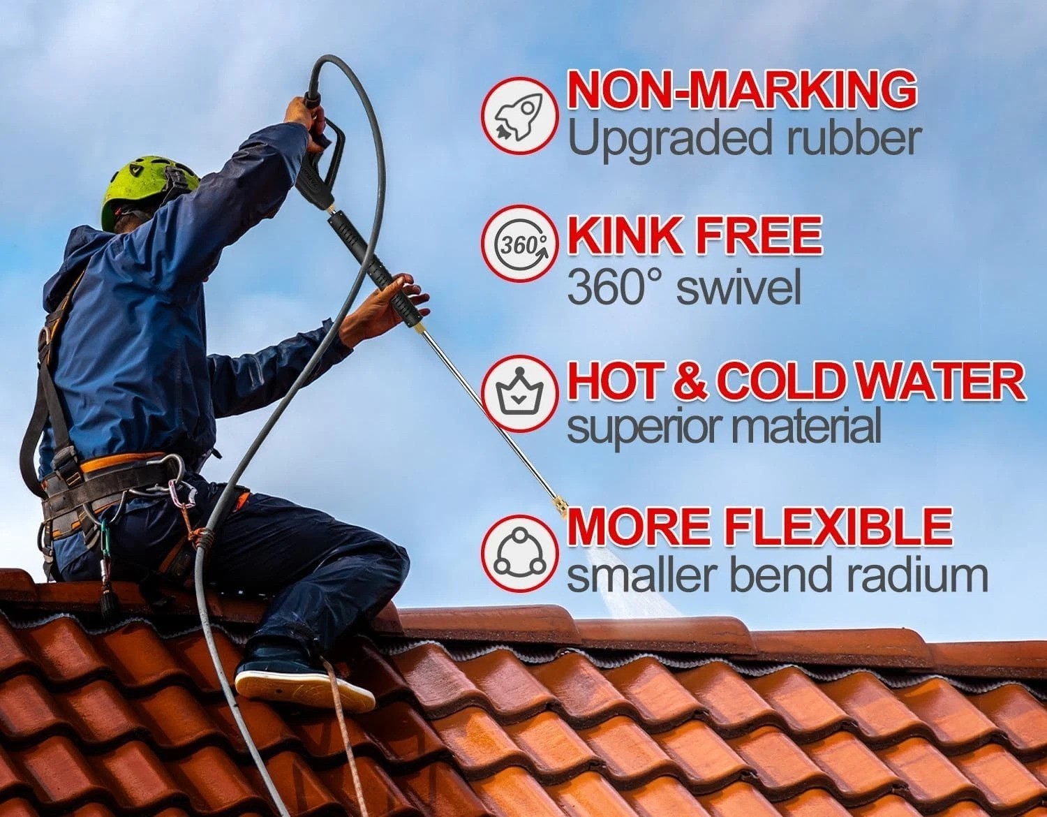Pressure Washer Hose 50 FT Rubber Steel Wire Braided Non-Marking Cold Hot Water