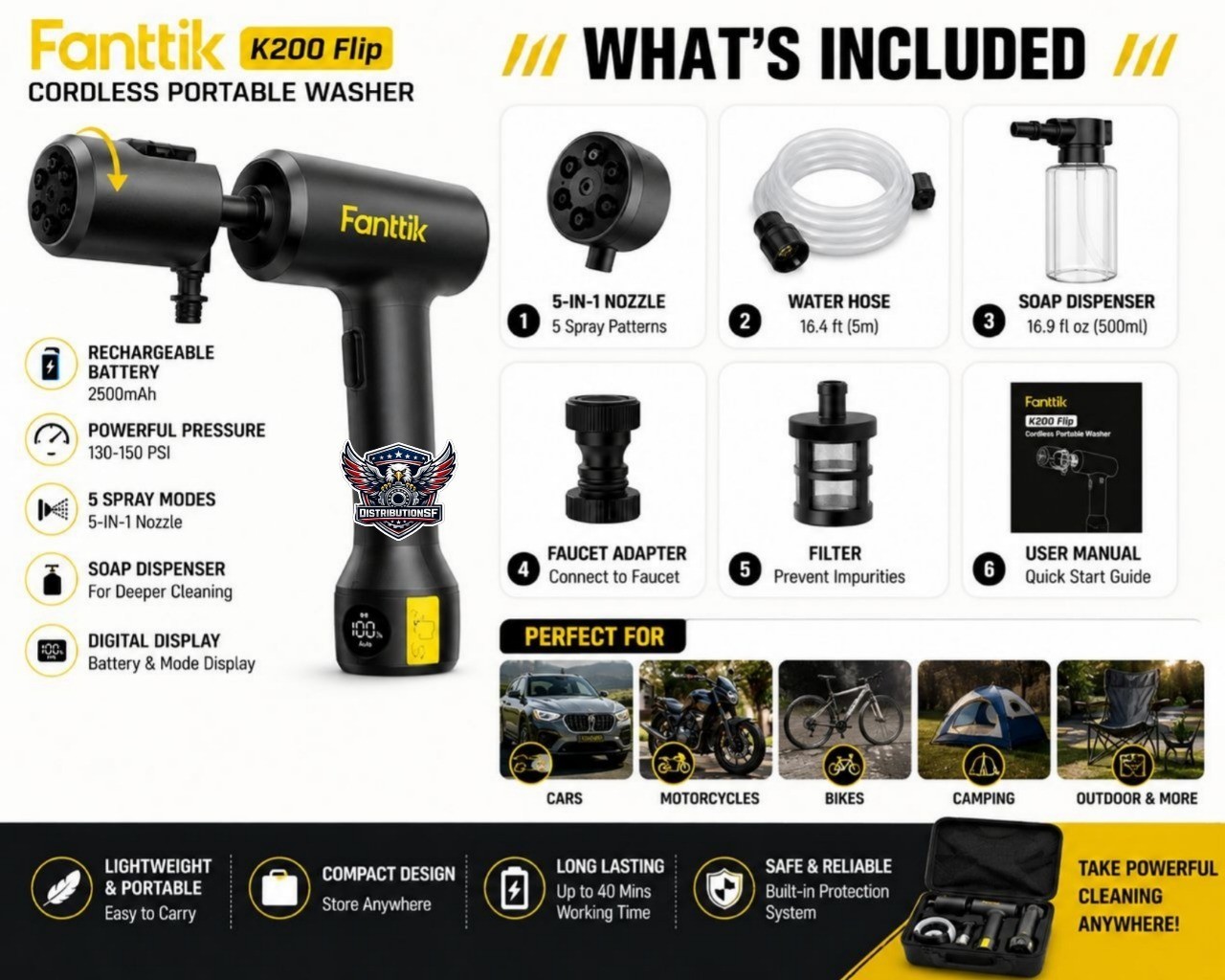 Fanttik K200 Flip Cordless Portable Washer 150 PSI Rechargeable Pressure Cleaner