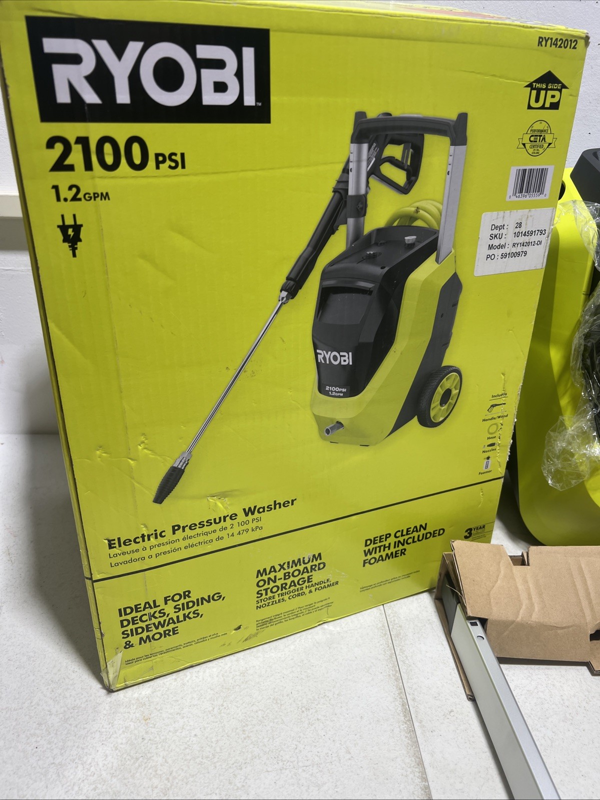 RYOBI 2100 PSI 1.2 GPM Cold Water Corded Pressure Washer – NO Handle/Wand