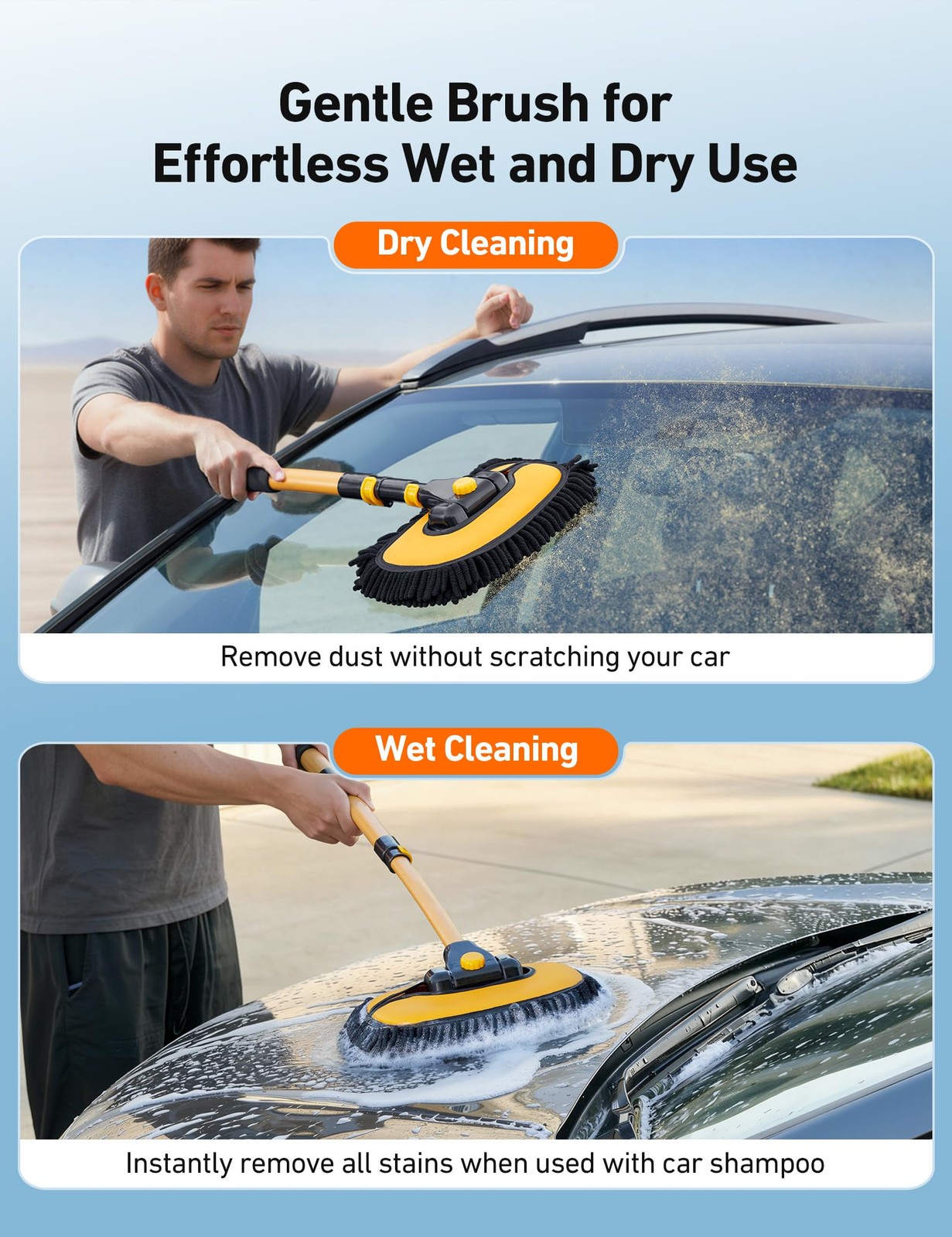 AstroAI 15°Curved Car Wash Brush with 43″ Long Handle and 43 inches, Yellow