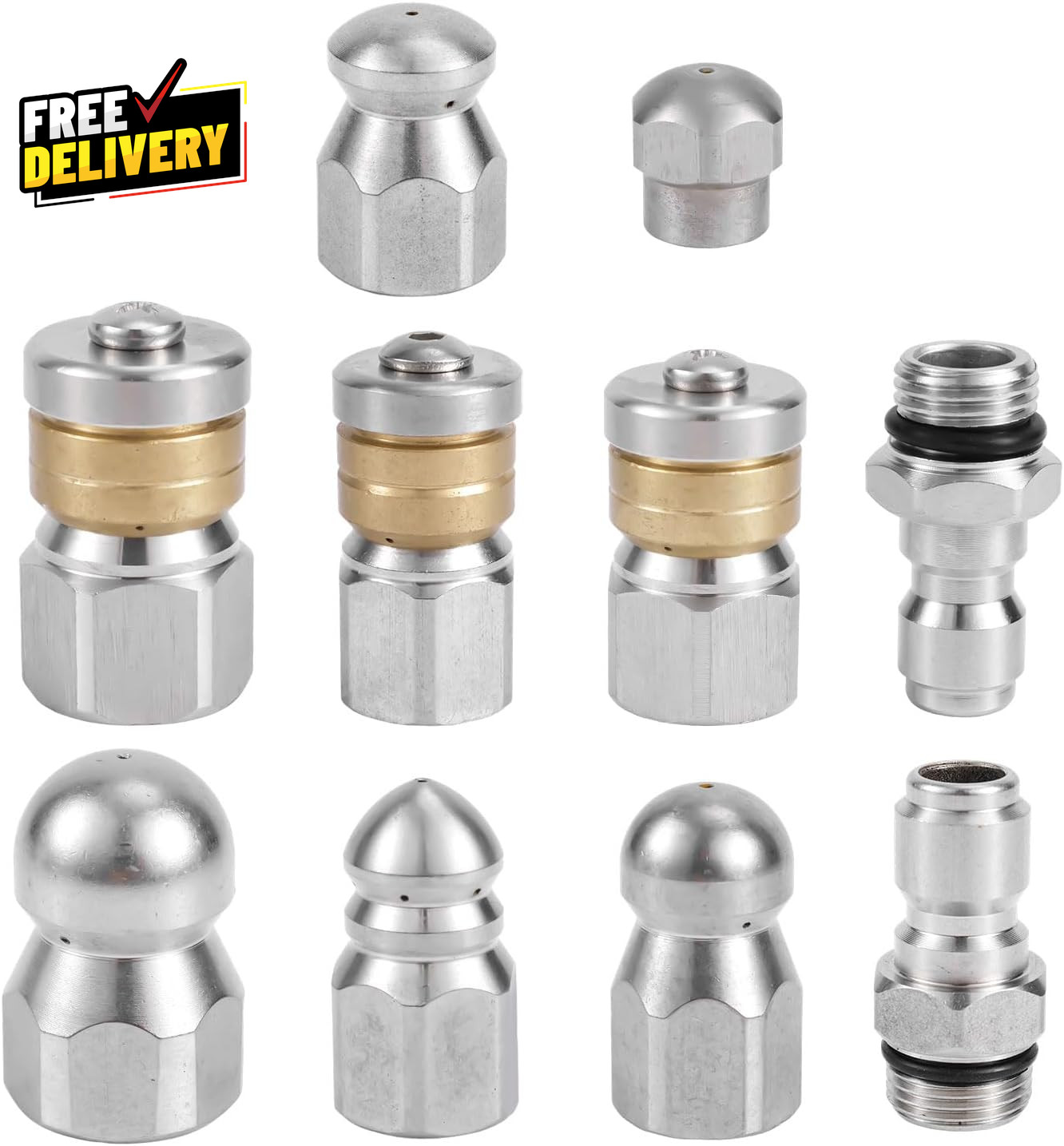 10Pcs Sewer Jetter Nozzle Kit – Stainless Steel 1/4 & 3/8″ NPT Quick Connect…