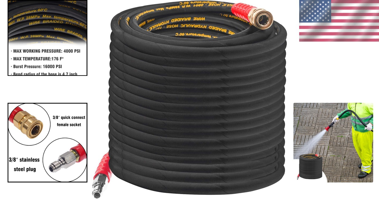 Rubber 50FT Pressure Washer Hose with 3/8” Connection – Max 16,000 PSI Burst
