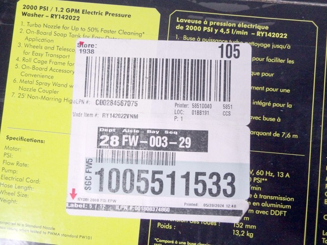 Brand New RYOBI 2,000 PSI Electric Pressure Washer!