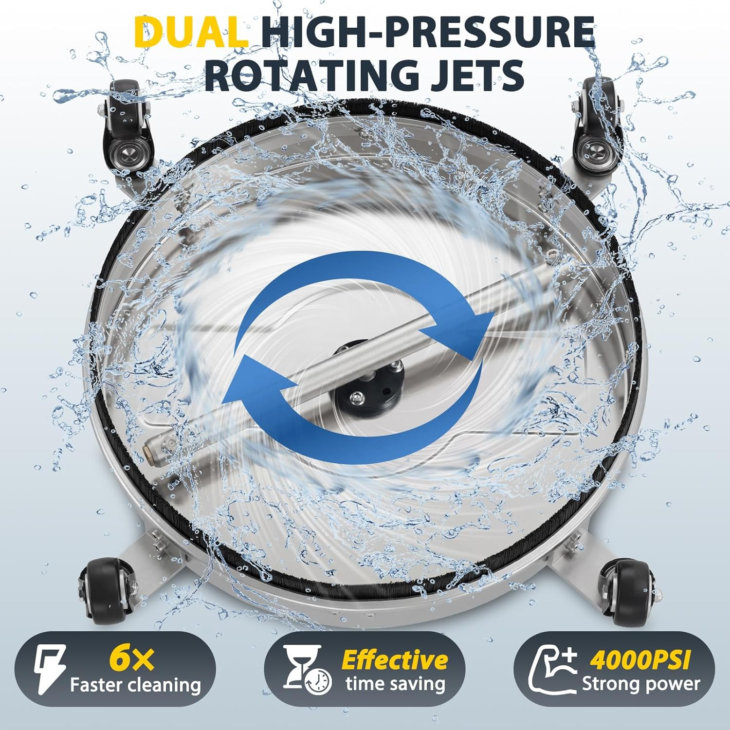 16.5″ Pressure Washer Surface Cleaner, 4-Wheel Stainless Steel Rotary Attachment