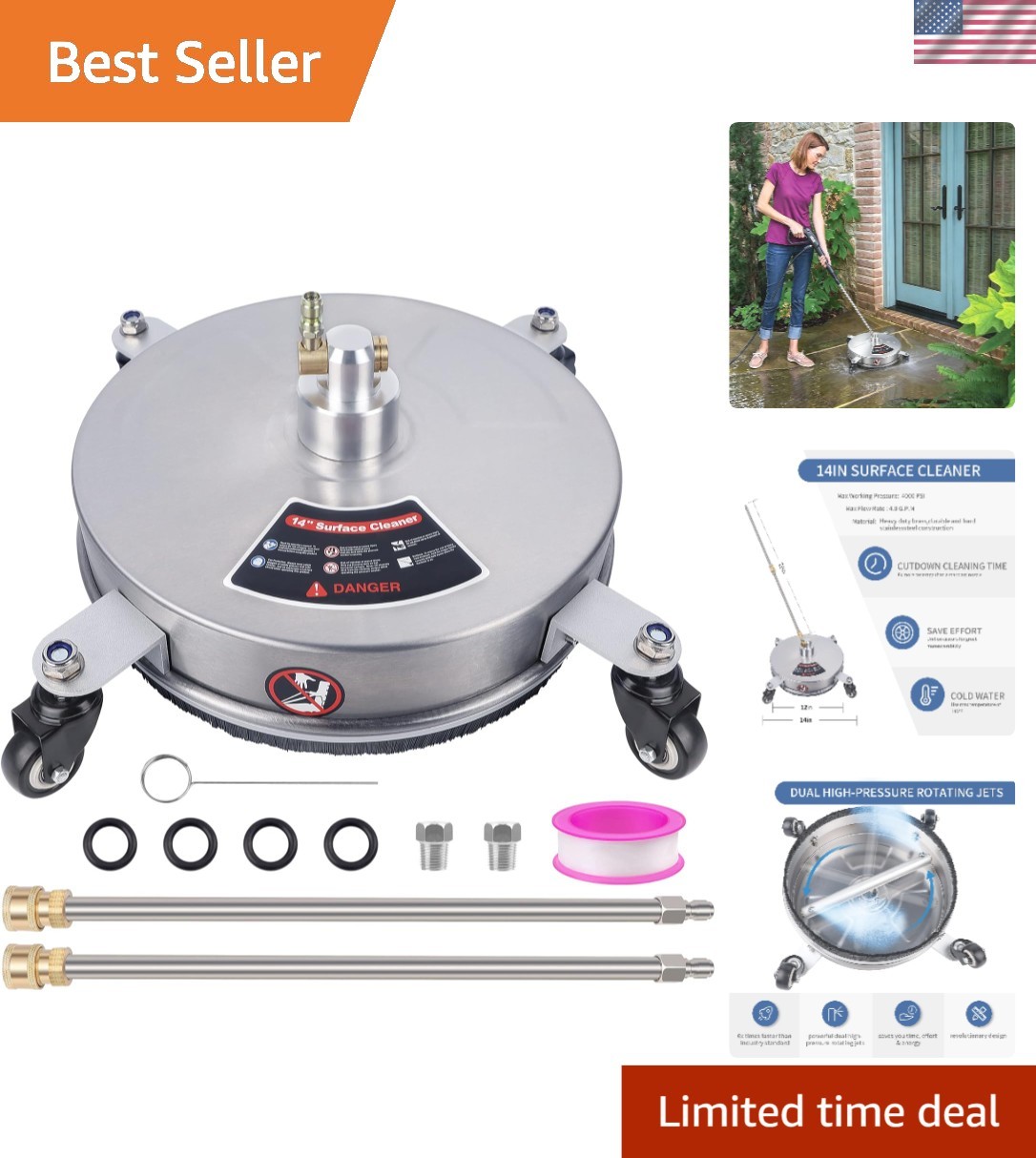 Heavy-Duty 14″ Pressure Washer Surface Cleaner – Fast & Effective Cleaning