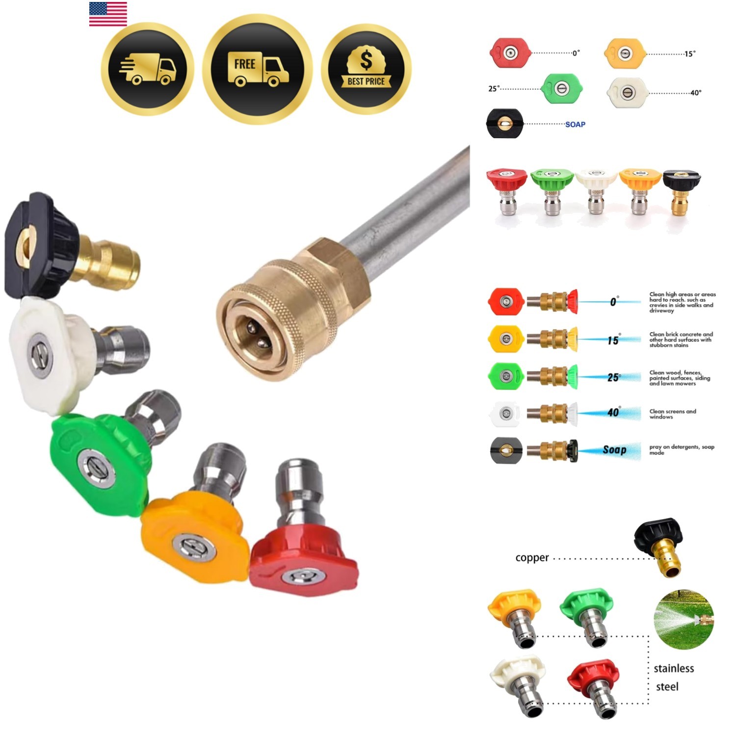 Pressure Washer Nozzle Tips Set 5 Spray Angles 4500 PSI 2.5 GPM Long-Lasting
