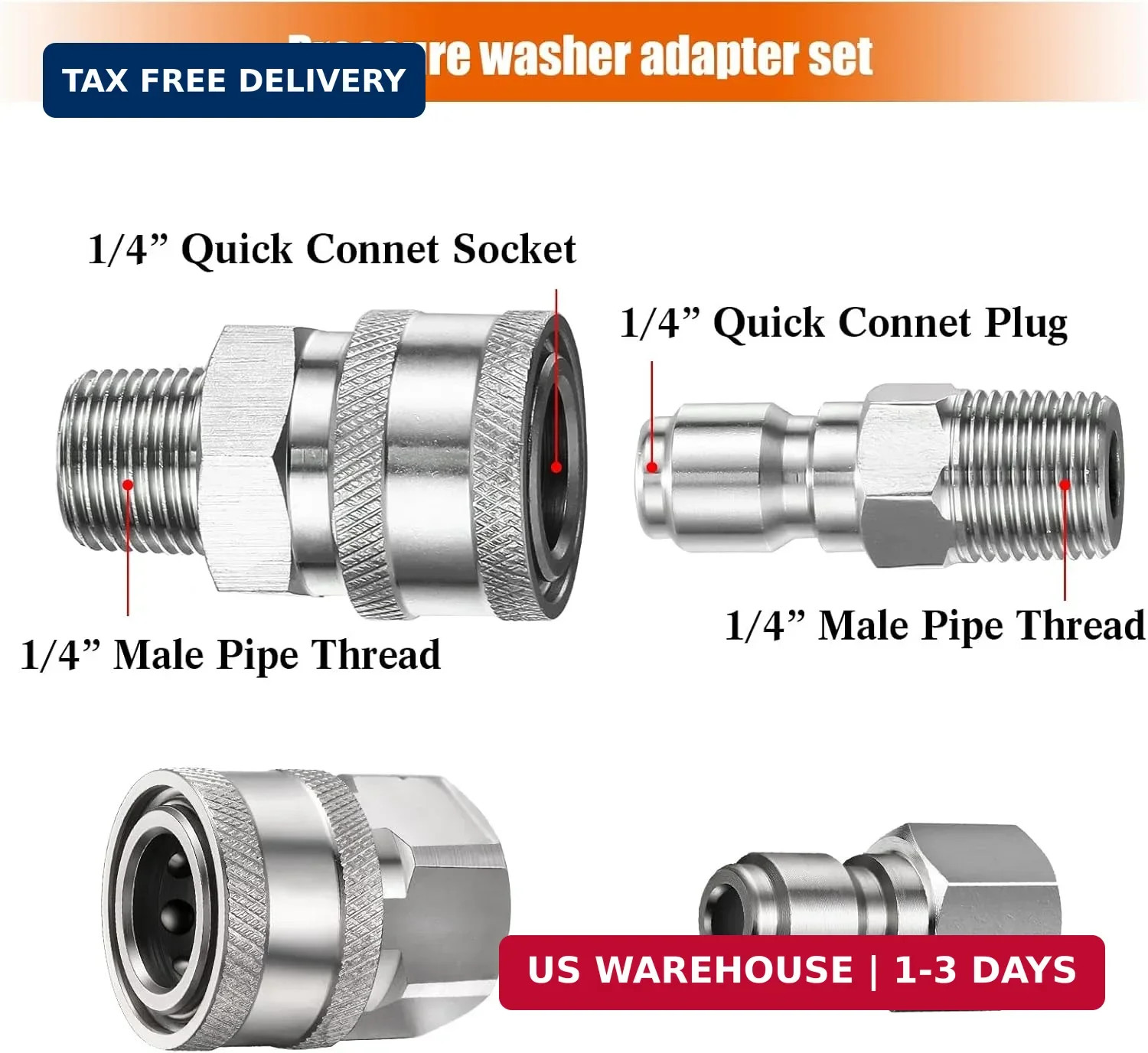 4 Sets NPT 1/4 Inch Pressure Washer Coupler Quick Connect Plug Male Fem