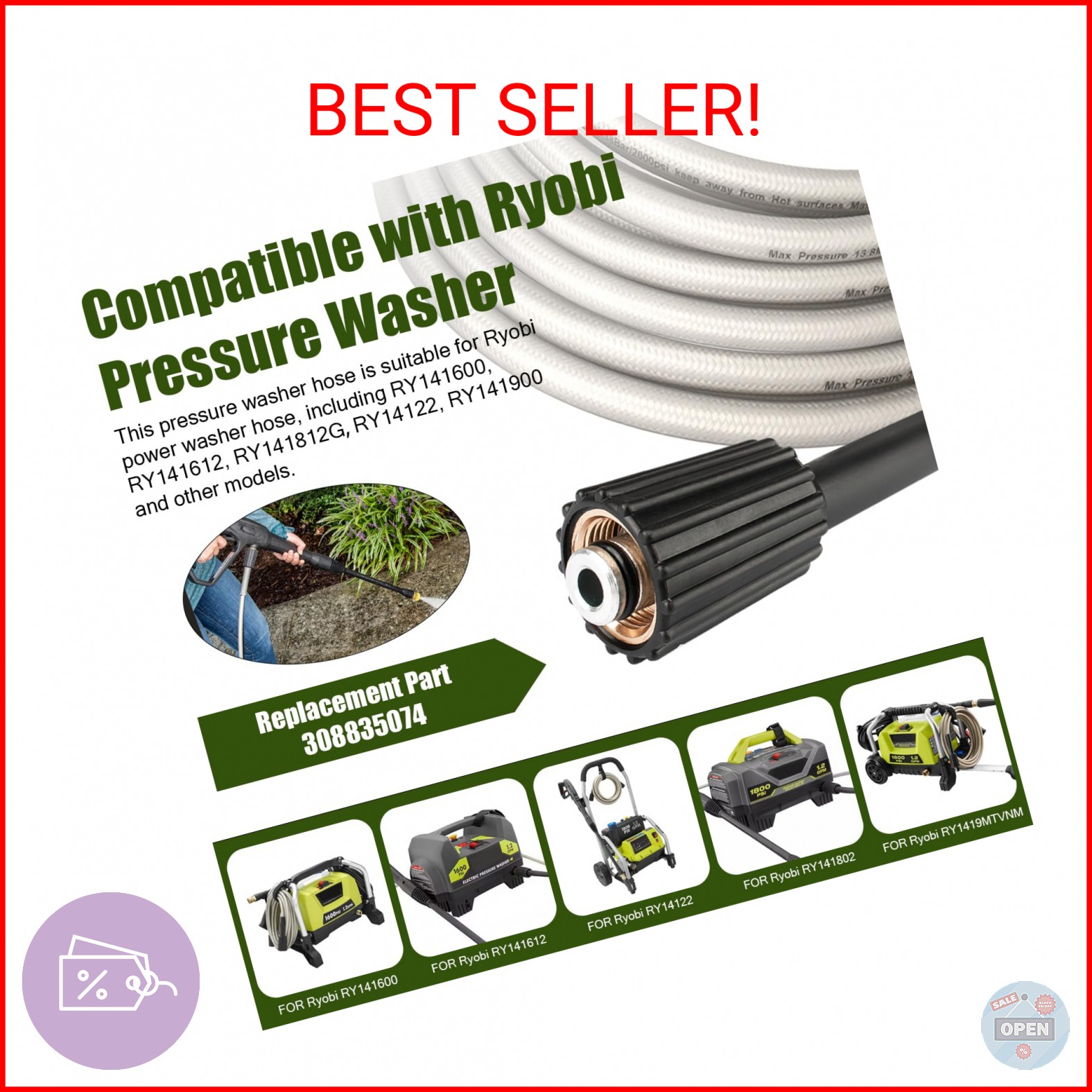 Pressure Washer Hose for Ryobi Power Washer Hose Replacement Ryobi Electric Powe