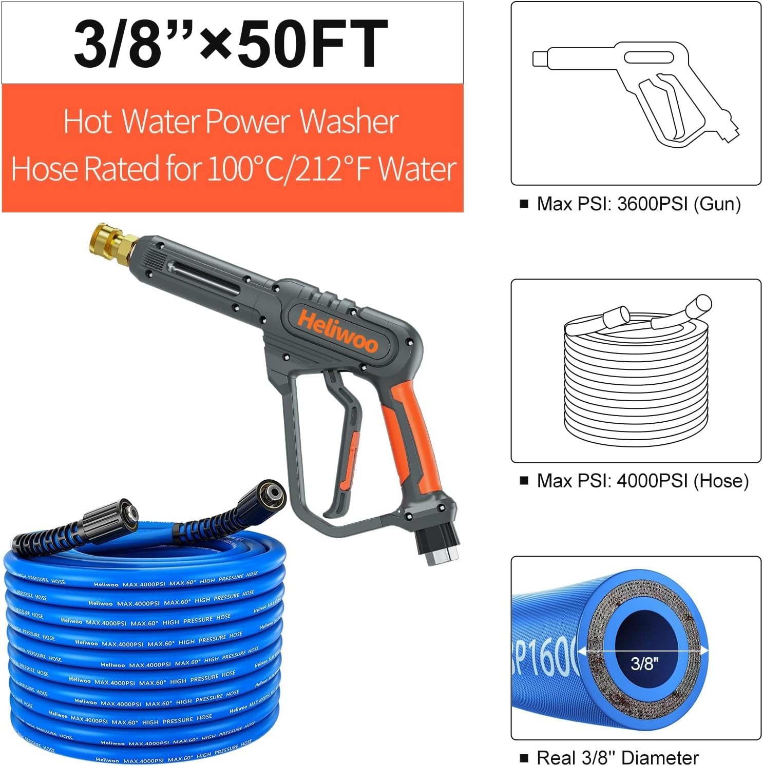 50FT Power Washer Hose with Flexible Extension Wand & 3600 PSI Gun for Easy Use
