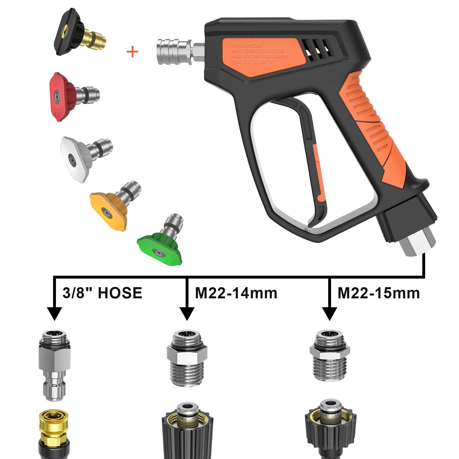 5000 PSI Pressure Washer Gun 10.5 GPM 3/8 Swivel Plug M2214mm/15mm Fitting