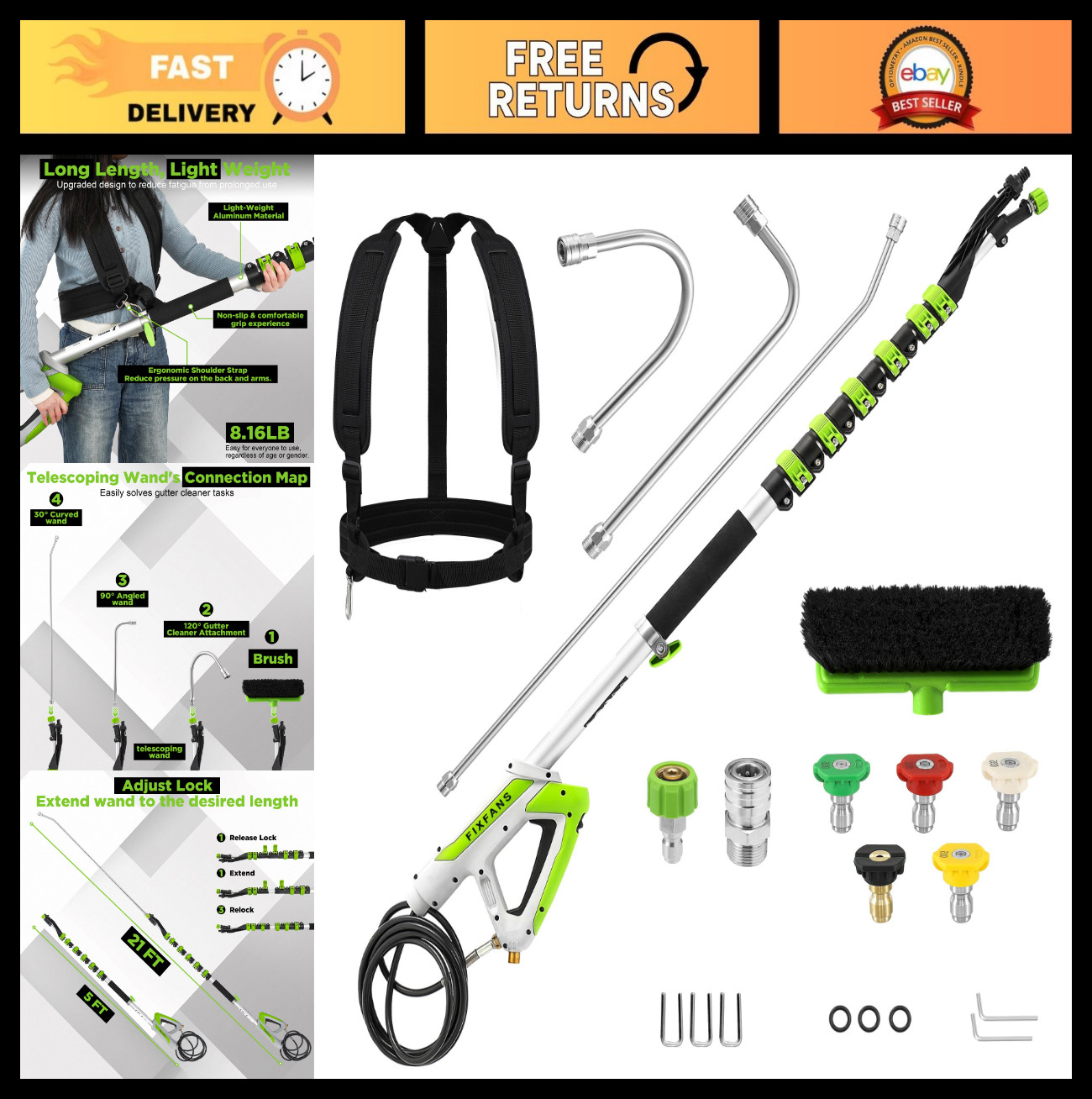 21 FT Telescoping Pressure Washer Wand with Brush, 4000 PSI, Gutter Cleaner & No