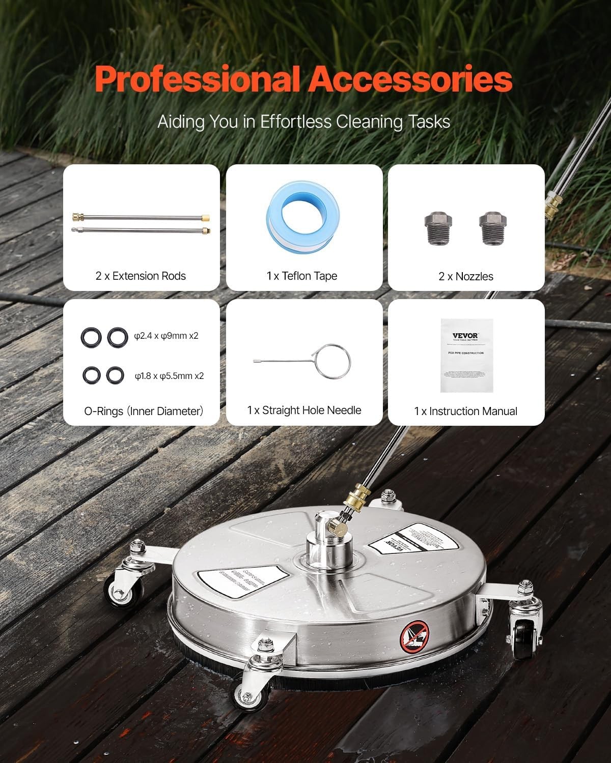 15″ Pressure Washer Surface Cleaner 4000PSI Stainless Steel with 2 Wands