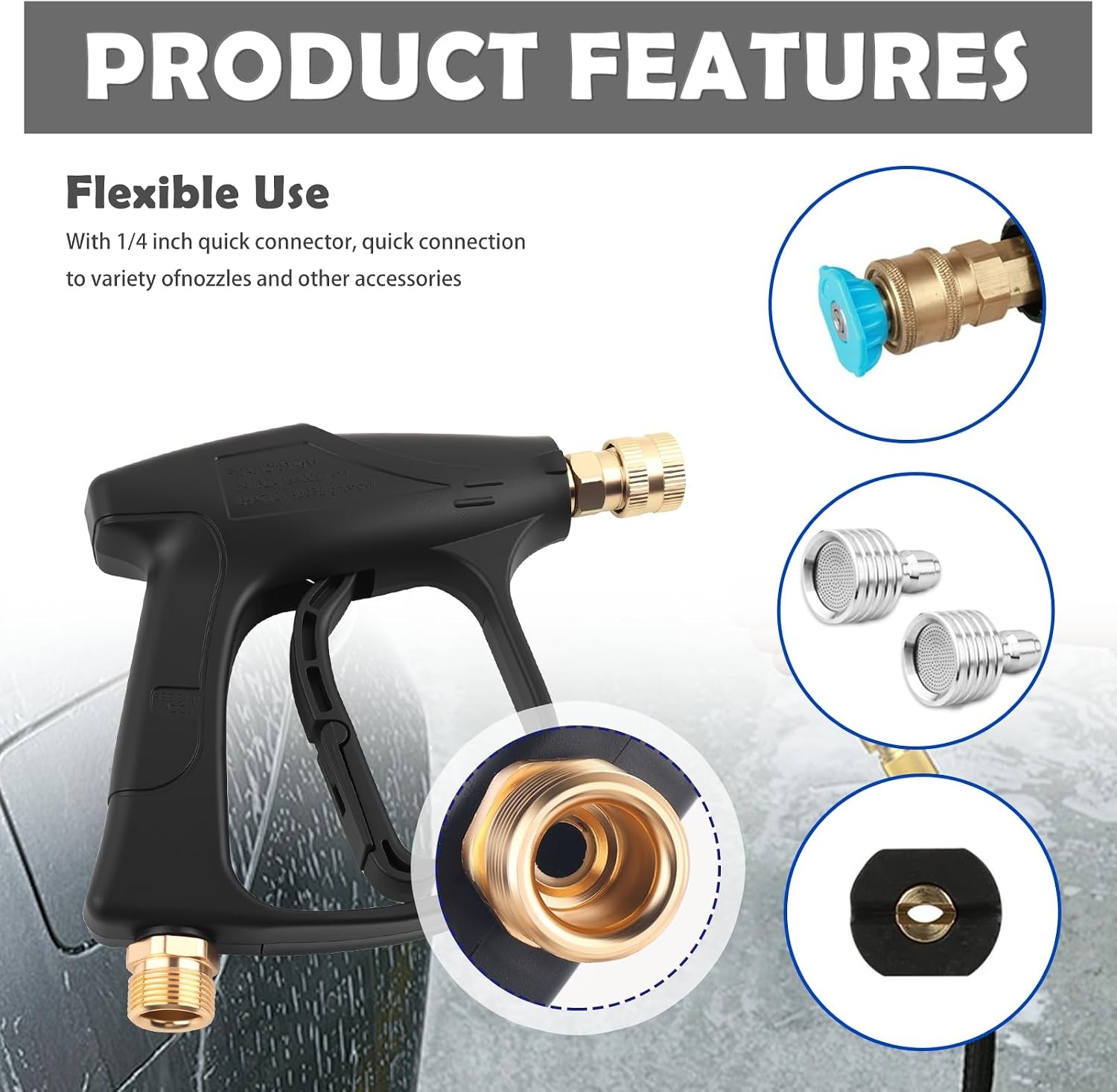 4350 PSI Max Car Short Pressure Washer Gun, M22-14 Thread, 1/4″ Quick Connect