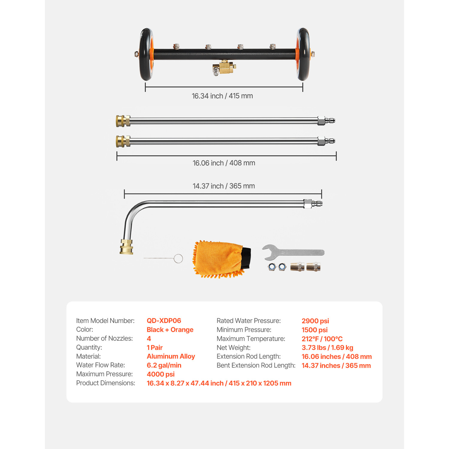 16″ Pressure Washer Undercarriage Cleaner with 2 Wheels 2 Extended Wands