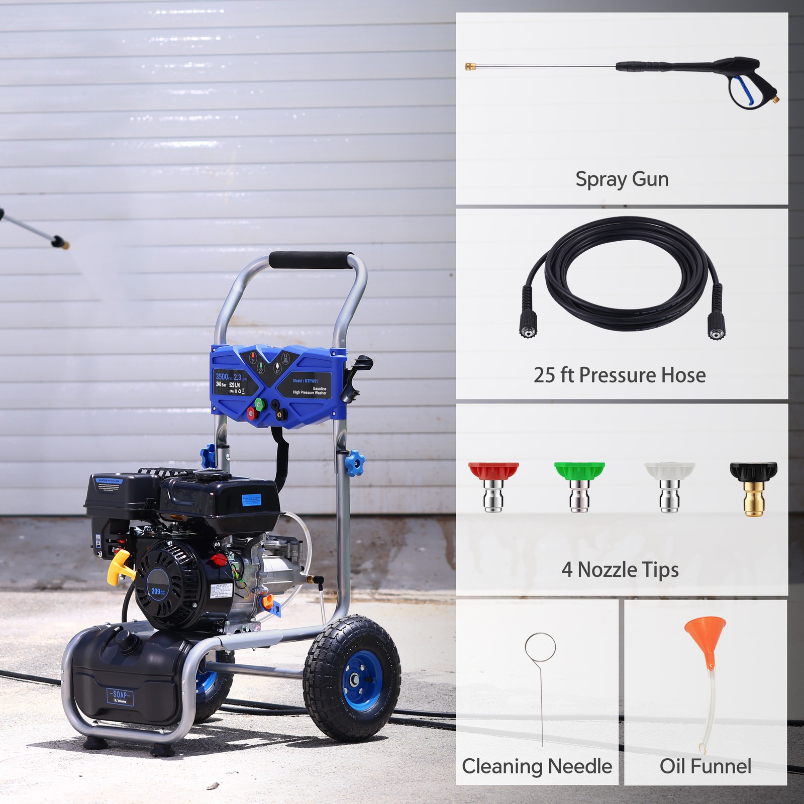 3500PSI Pressure Washer 2.3GPM Gas Power Washer 209CC with 25FT Hose& Soap Tank