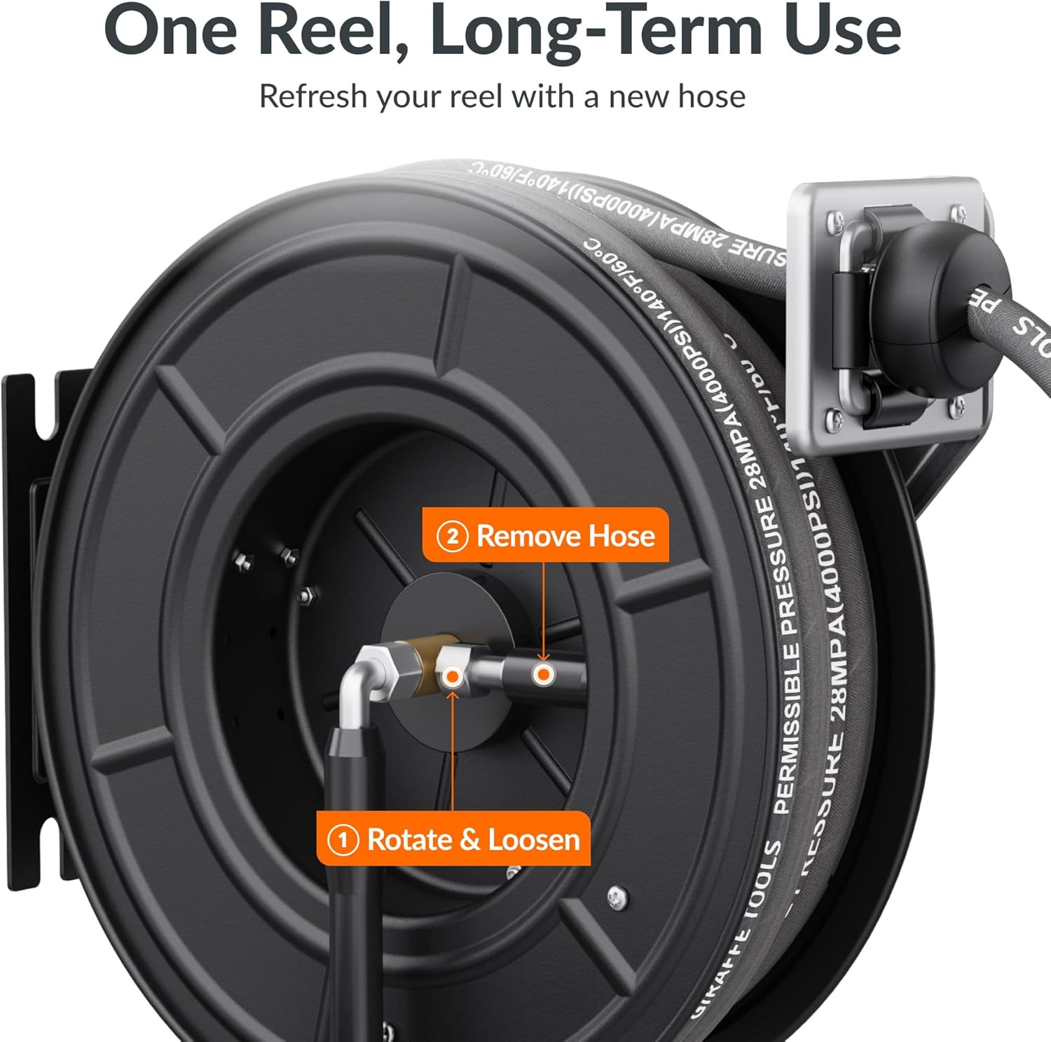 Giraffe Tools Pressure Washer Hose Reel with 60Ft Replaceable Hose, Power Washer