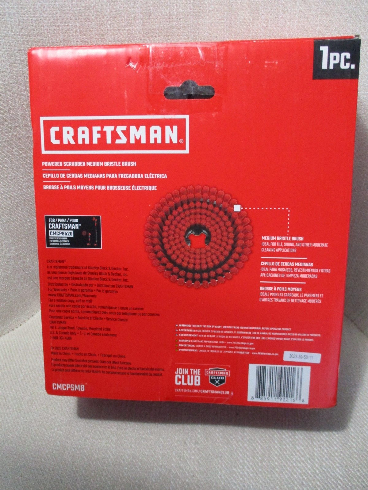 NEW CRAFTSMAN Power Scrubber Medium Bristle Brush-RED- CMCPSMB- Free Ship