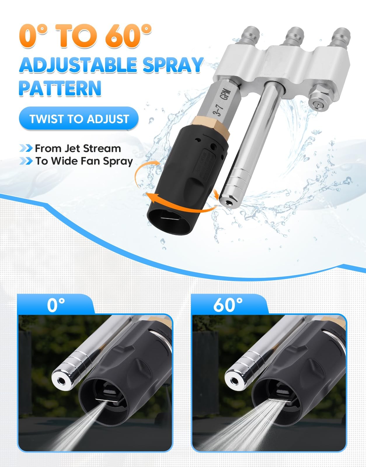 3 in 1 Adjustable Downstream Soft Wash Nozzle M5 Tip Twist 1/4″ QC for 3-7 GPM