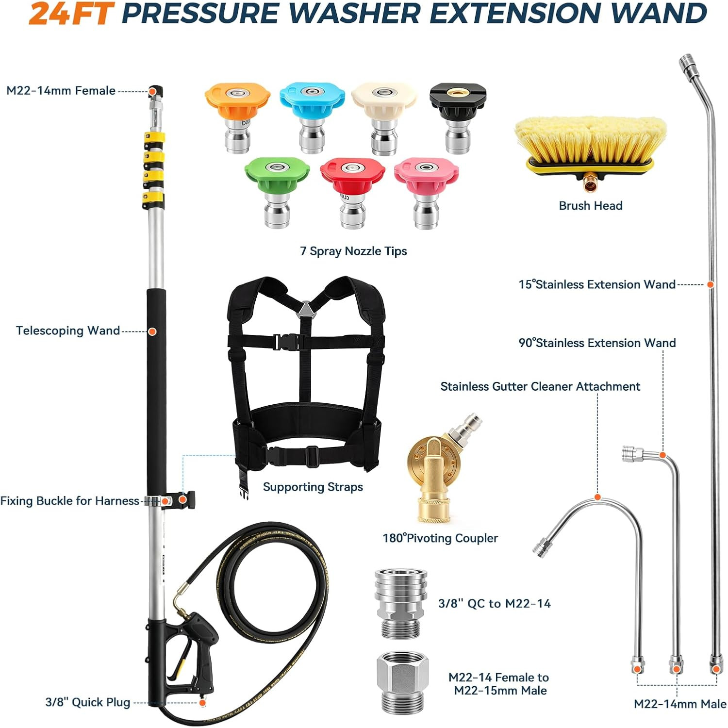 24 FT Aluminum Pressure Washer Telescoping Wand with 3 Pressure Washer Extension