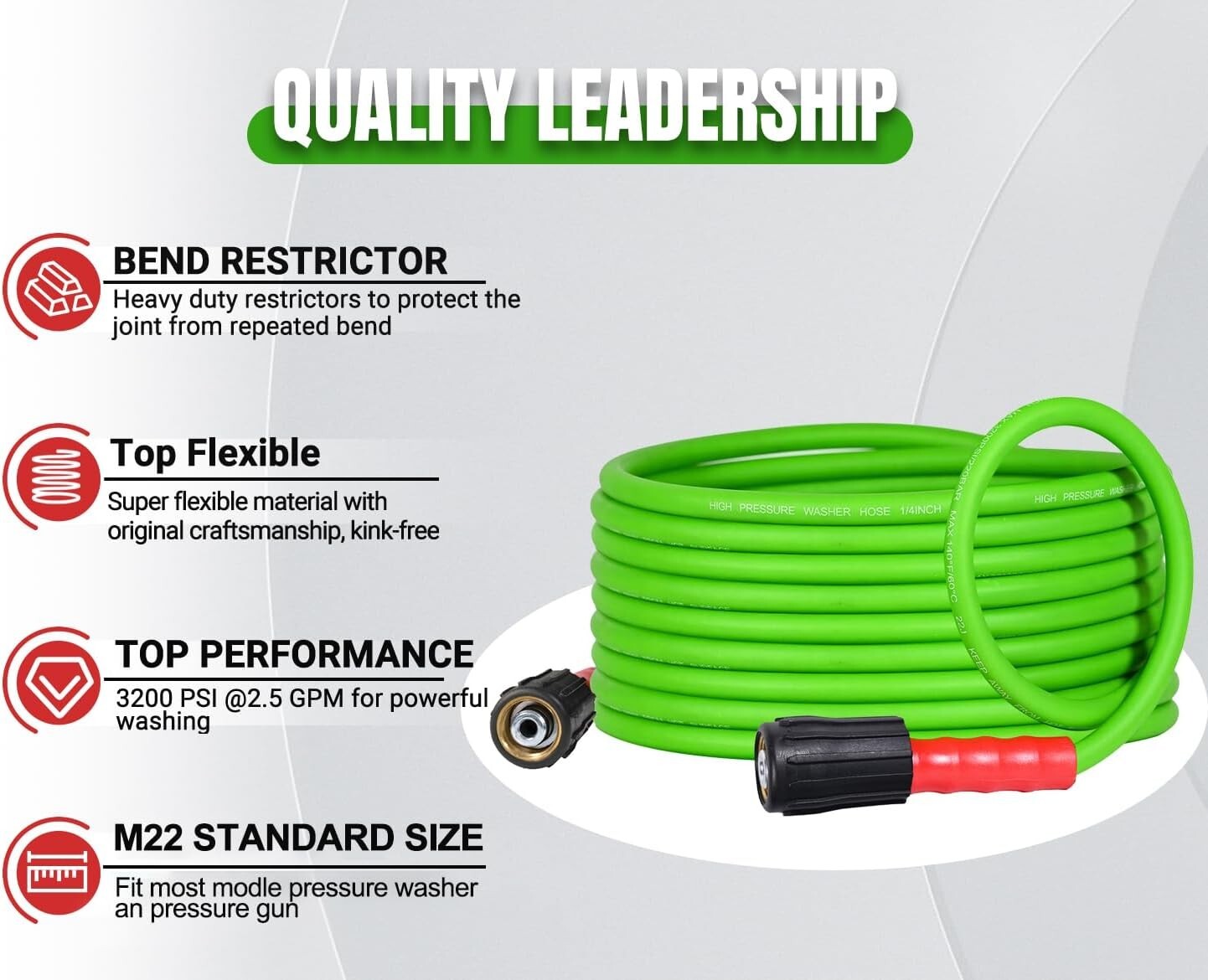25FT Heavy-Duty Kink Resistant Pressure Washer Hose with Quick Connect Adapters