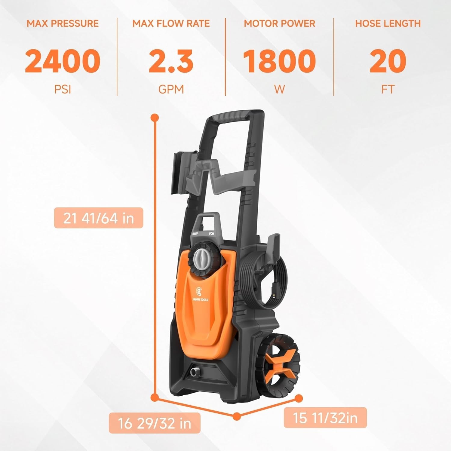Giraffe Tools Electric Pressure Washer Max 2400 PSI 2.3 GPM, 20+32FT, 4 Nozzles