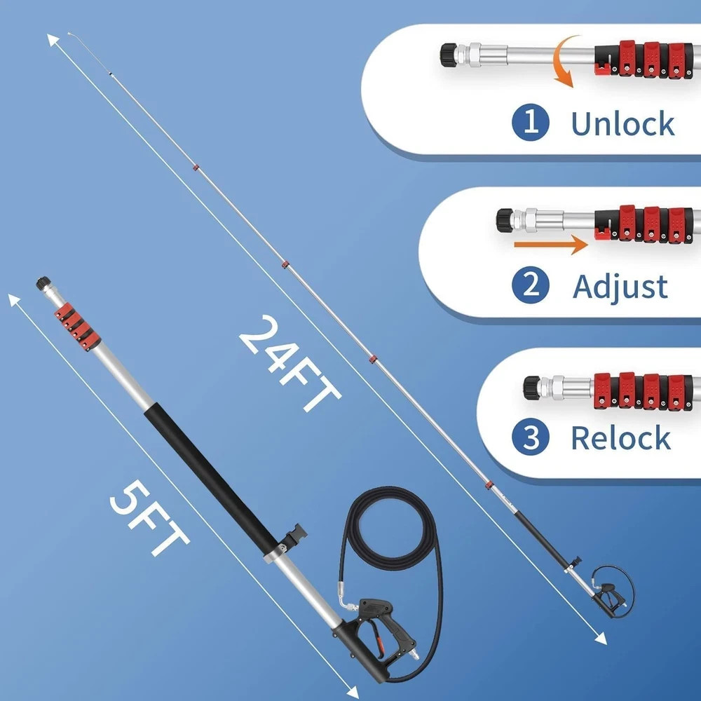 24FT Telescoping Pressure Washer Wand Kit – Extension Pole, Gutter Cleaner, B…