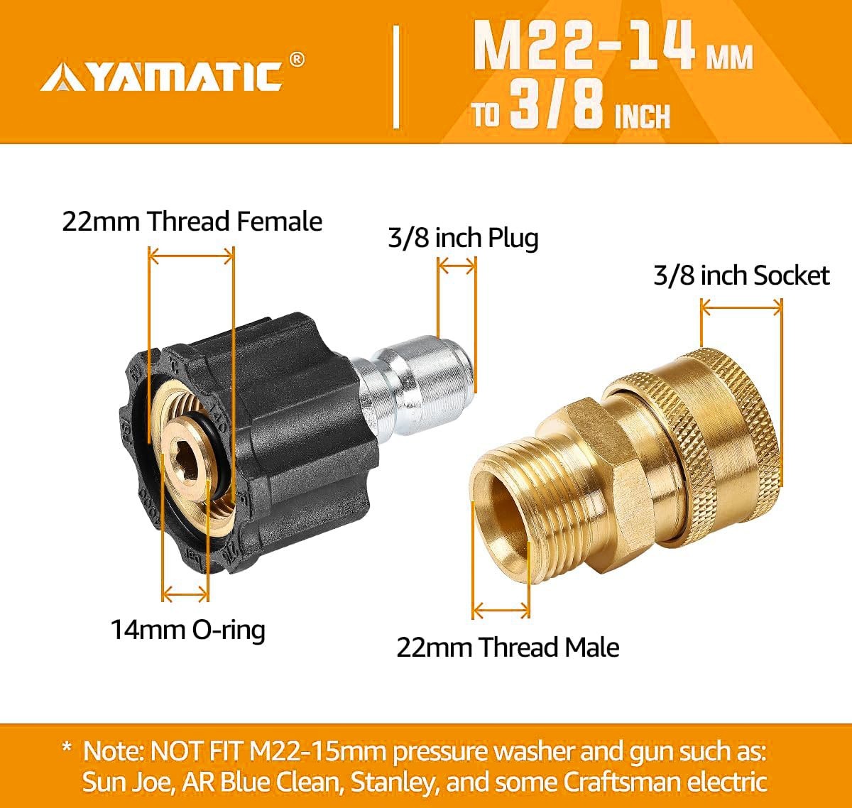 YAMATIC 5000 psi Pressure Washer Adapters M22 to 3/8″ Quick Connectors