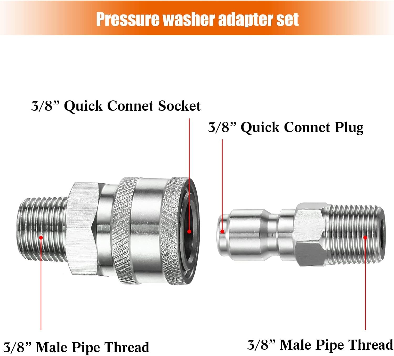 NPT 3/8 Inch Stainless Steel Male and Female Quick Connector Kit Pressure Was…