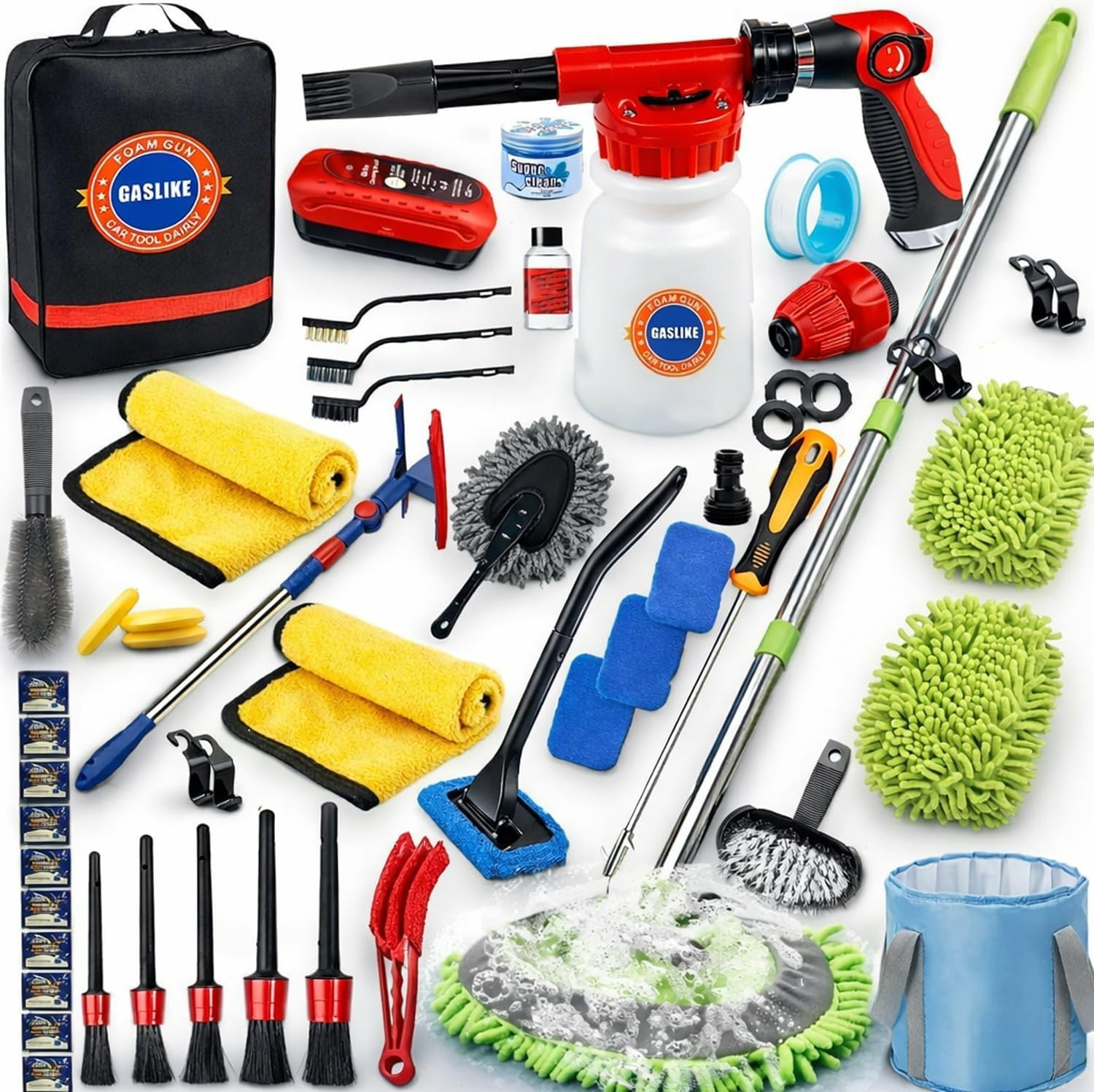 56Pcs Car Wash Cleaning Kit with Foam Gun, Car Wash Brush with Long Handle, Car