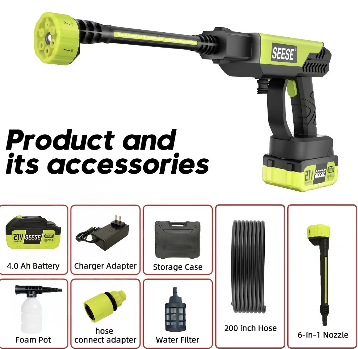 SEESE 1000 PSI Cordless Pressure Washer for Car & Garden with Charger Base