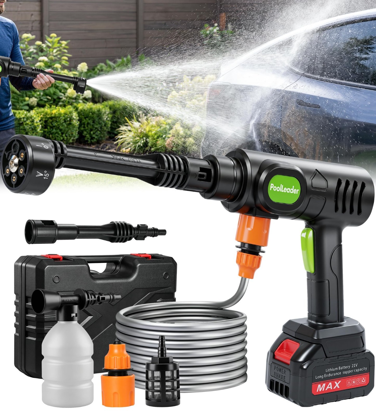 Portable Cordless Car Wash Tool – 6-in-1 Nozzle & Foam Cannon, Battery Operated
