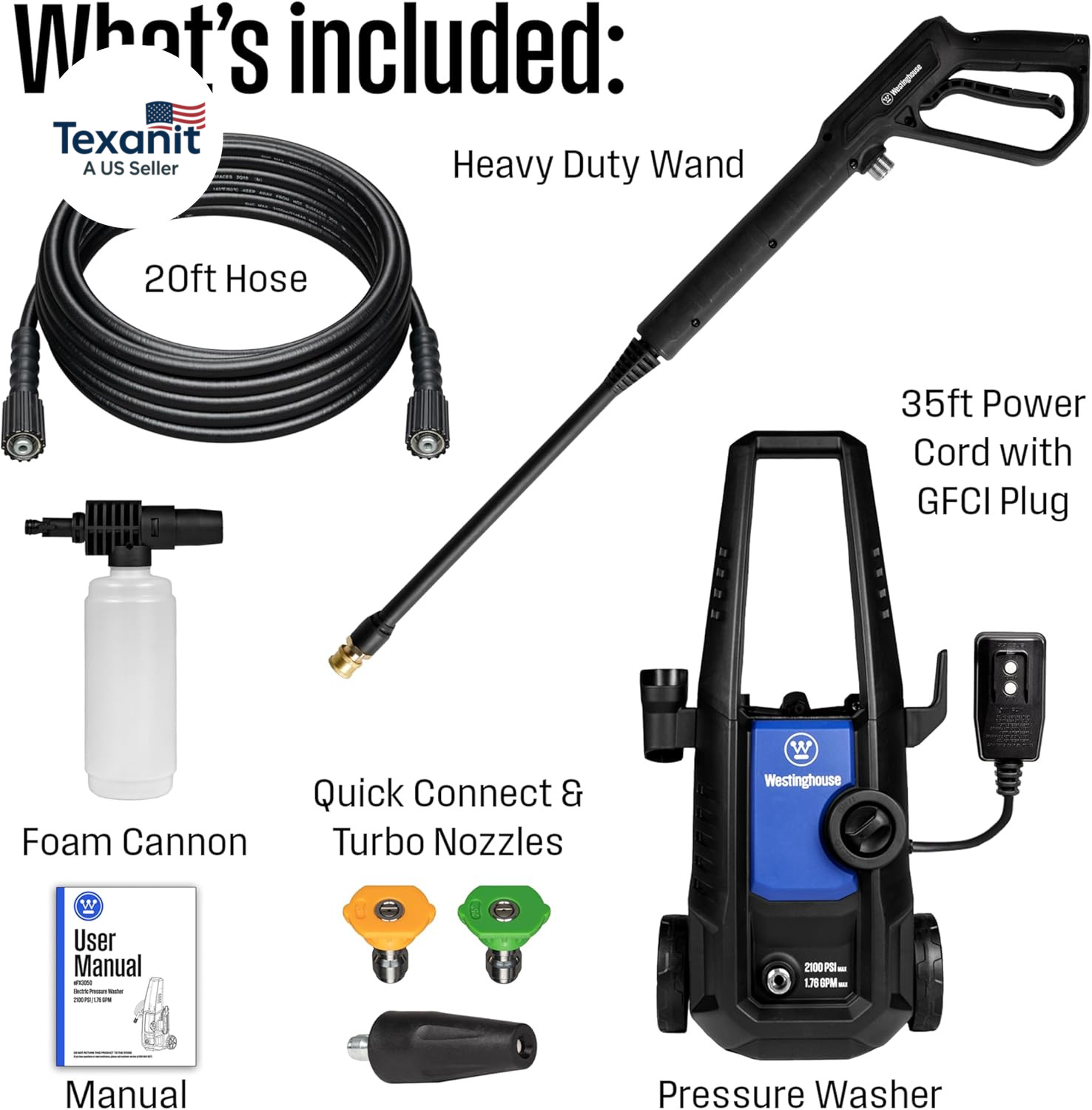 Epx3050 Electric Pressure Washer, 2100 Max PSI 1.76 Max GPM with Foam Cannon and