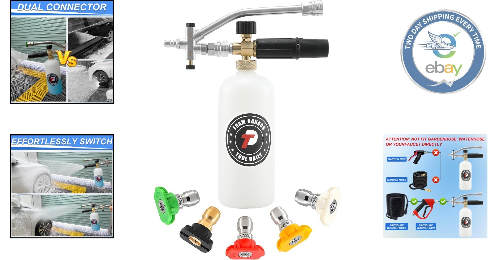 Professional Foam Cannon with 1 Liter Capacity, 5 Nozzle Tips & Dual Connectors