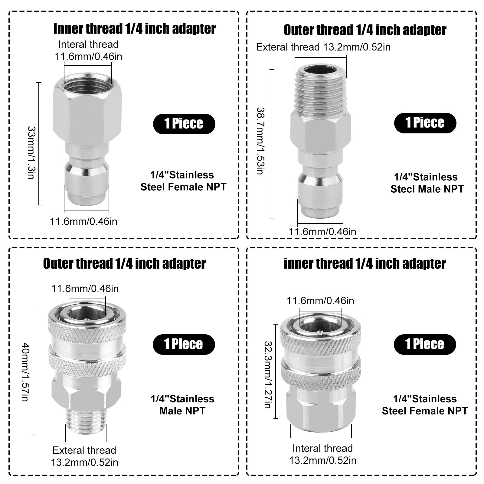 2 PCS Pressure Washer Coupler NPT 1/4 Inch Quick Connect Plug Adapter Kit
