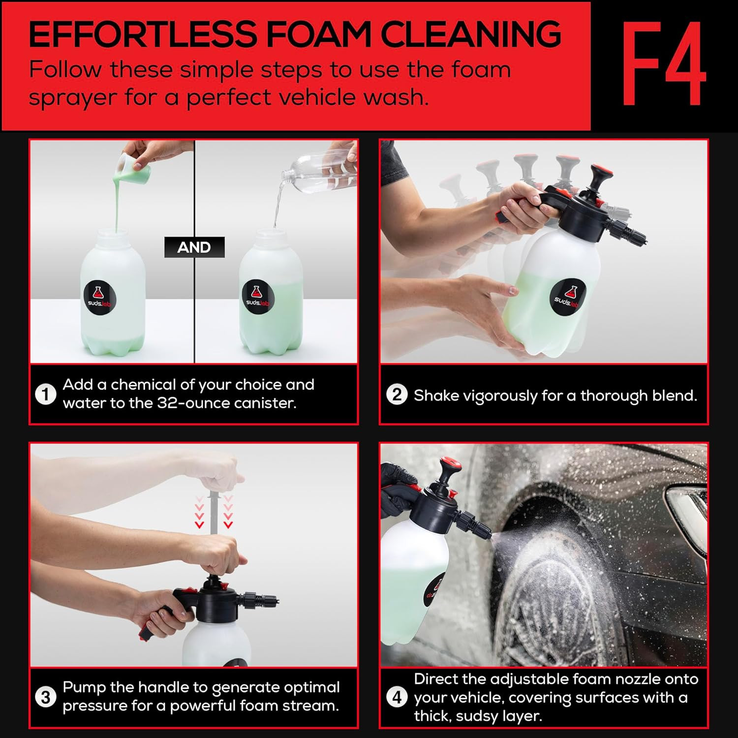 Suds Lab F4 Foaming Pump Sprayer with 70 Oz UV Resistant Canister & Ergonomic Ha