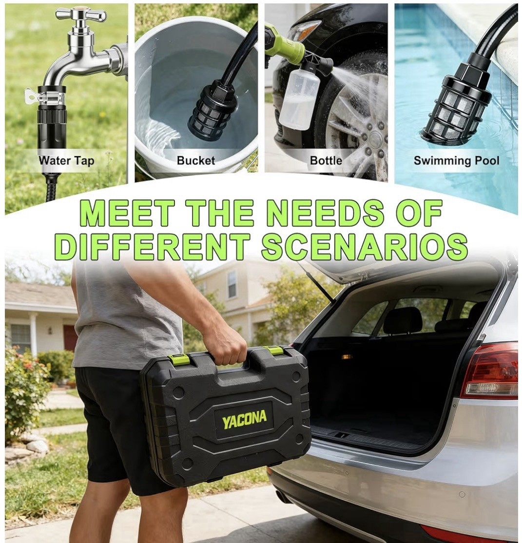 Cordless Portable Pressure Washer, 3 Modes, 23ft Hose, 6-in-1 Nozzle, Car