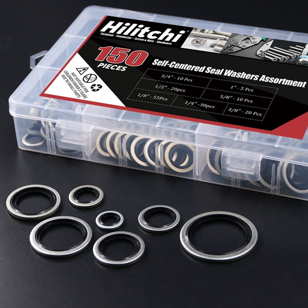 150-Pcs [7-Size] Automotive Self-Centered Bonded Seal Oil Washers Gasket Asso