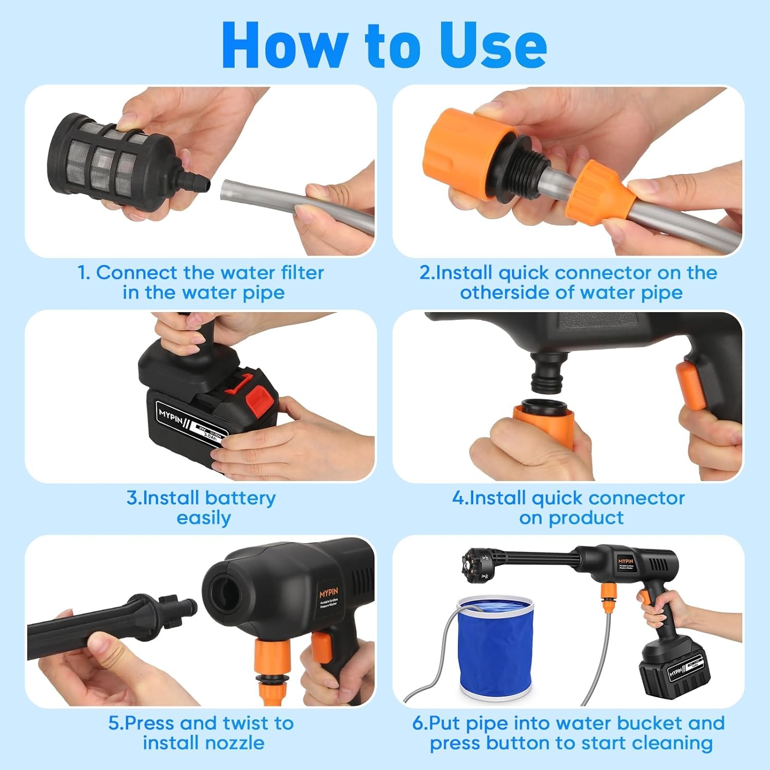 600PSI 3.0Ah Rechargeable Battery Powered Pressure Washer,6-in-1 Nozzle for Car