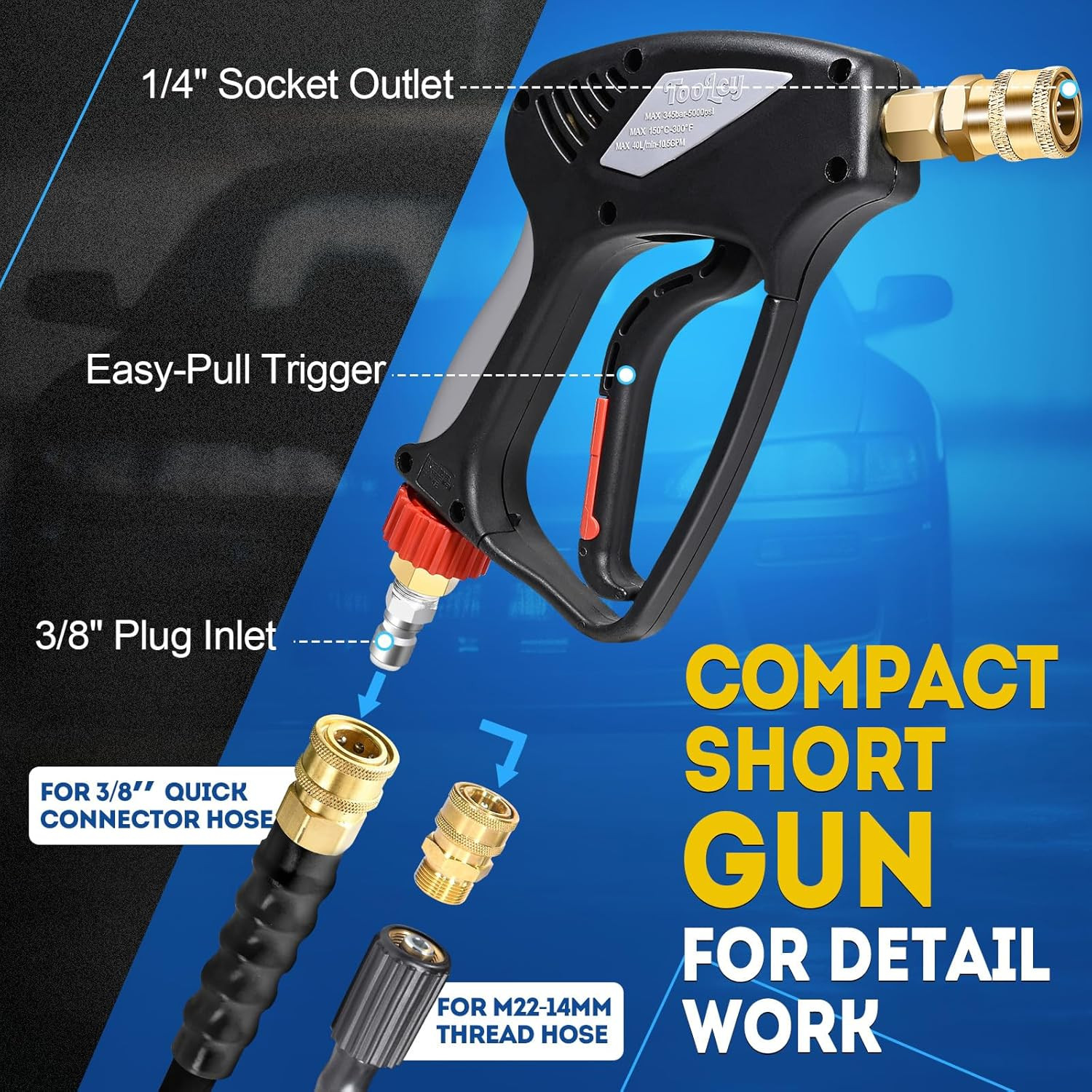 5000 PSI Pressure Washer Gun with Swivel Inlet, Short Power Washer Gun with Nozz