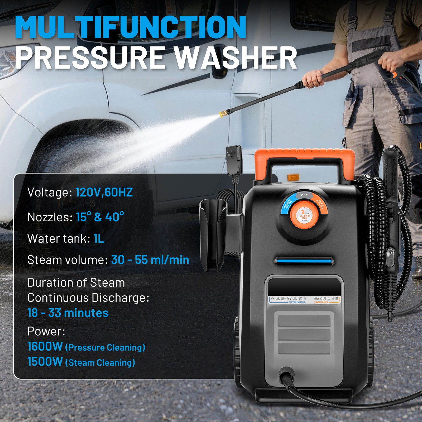 Heavy Duty 2-in-1 Pressure Washer & Steam Cleaner 3000 PSI 120V Electric