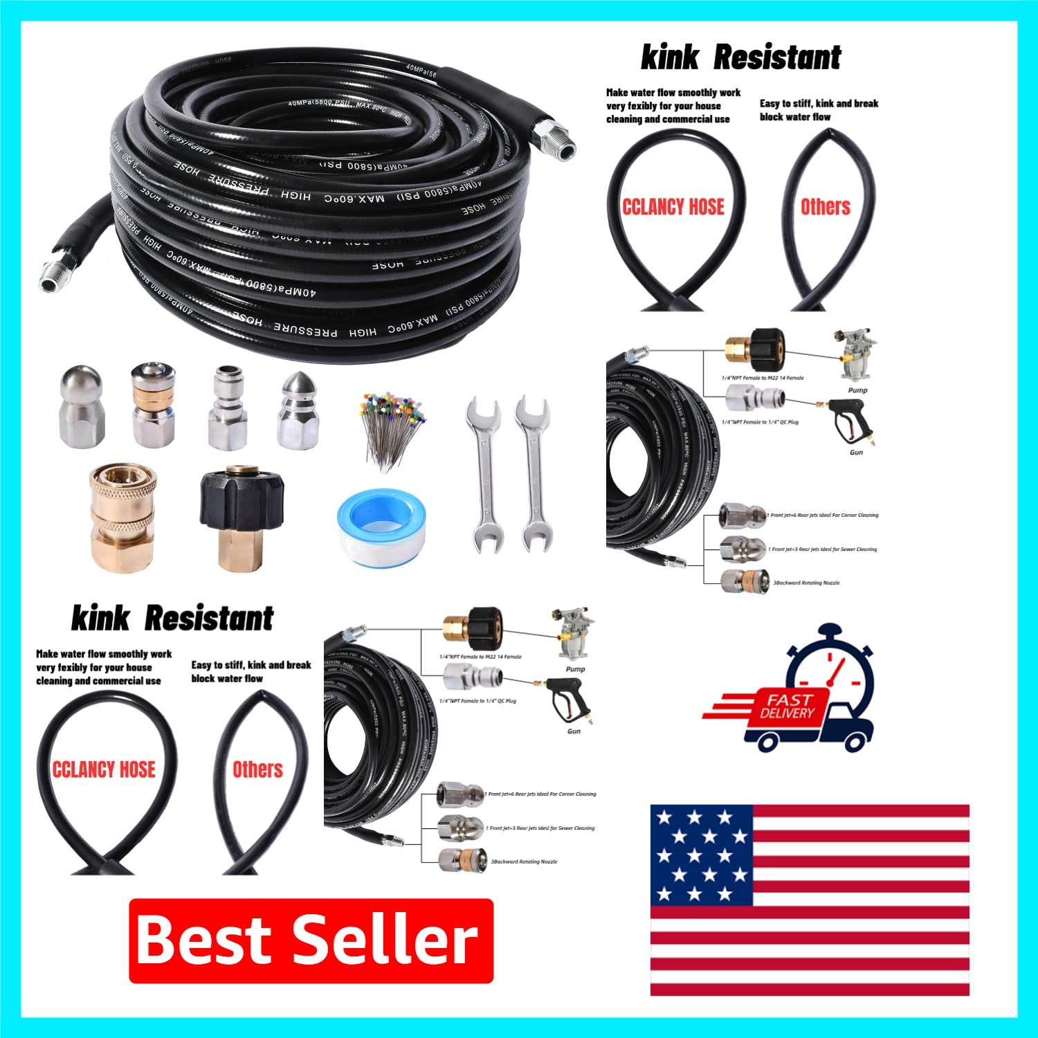 High-Pressure Sewer Jetter Kit – 25ft Hose with Nozzles and Teflon Tape Included