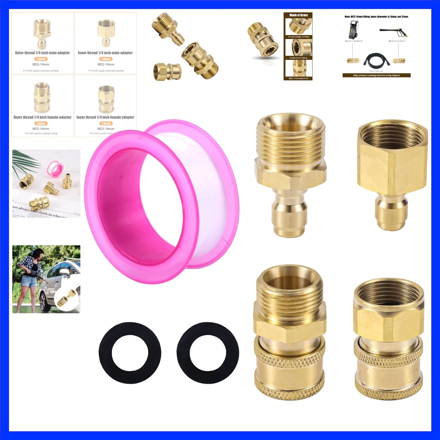 4pcs M22-14mm to 1/4in Pressure Washer Adapter, Quick Connect & Fast Disconne…